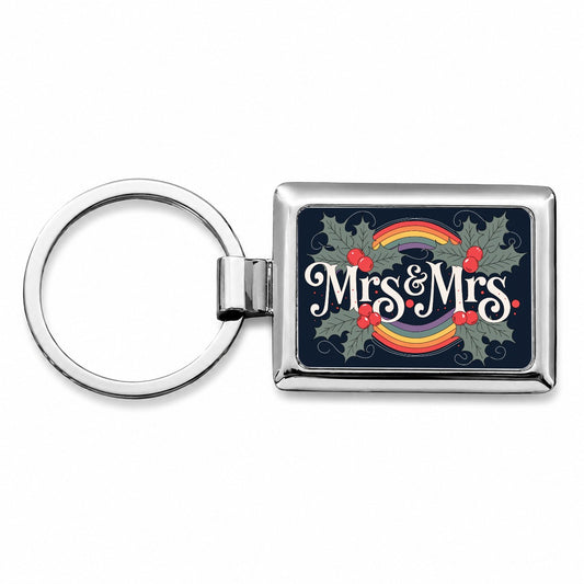 Mrs and Mrs Pride Gay Lesbian LGBTQ Double Rainbow Christmas Rectangle Metal Keychain