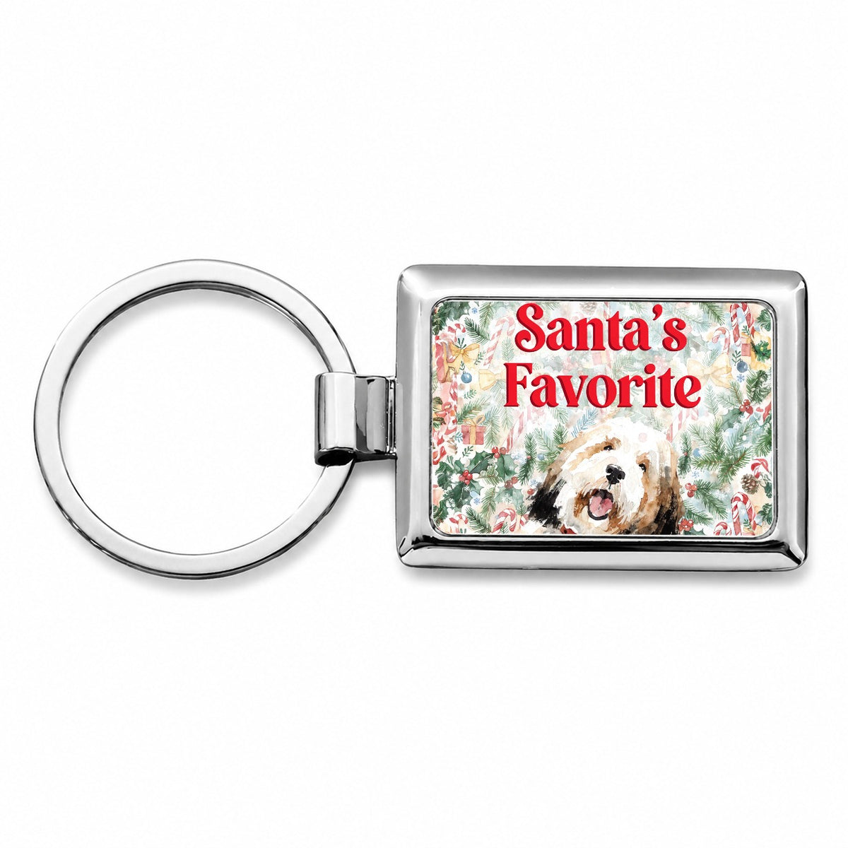 Old English Sheepdog Christmas Santa's Favorite Rectangle Metal Keychain