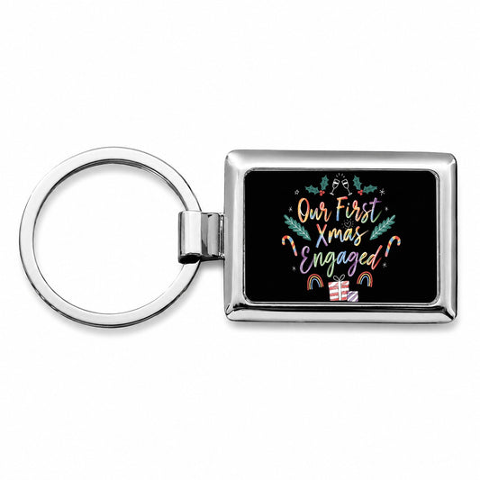 Our First Christmas Xmas Engaged LGBTQ Pride Cute Rectangle Metal Keychain