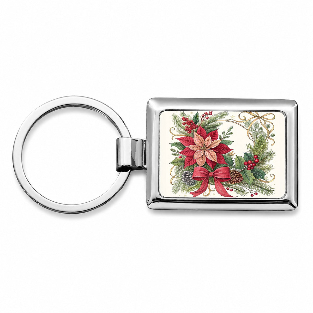 Poinsettias Holly Berries Christmas Rectangle Metal Keychain