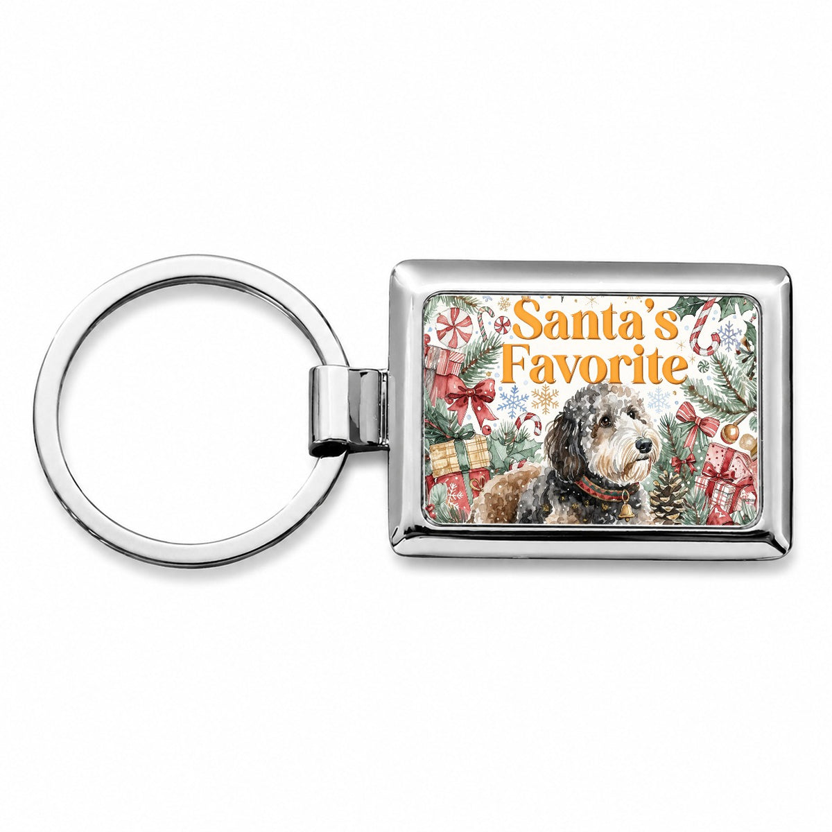 Sheepadoodle Dog Christmas Santa's Favorite Rectangle Metal Keychain