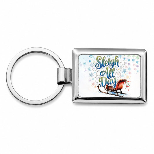 Sleigh Slay All Day Christmas Funny Snowflakes Rectangle Metal Keychain