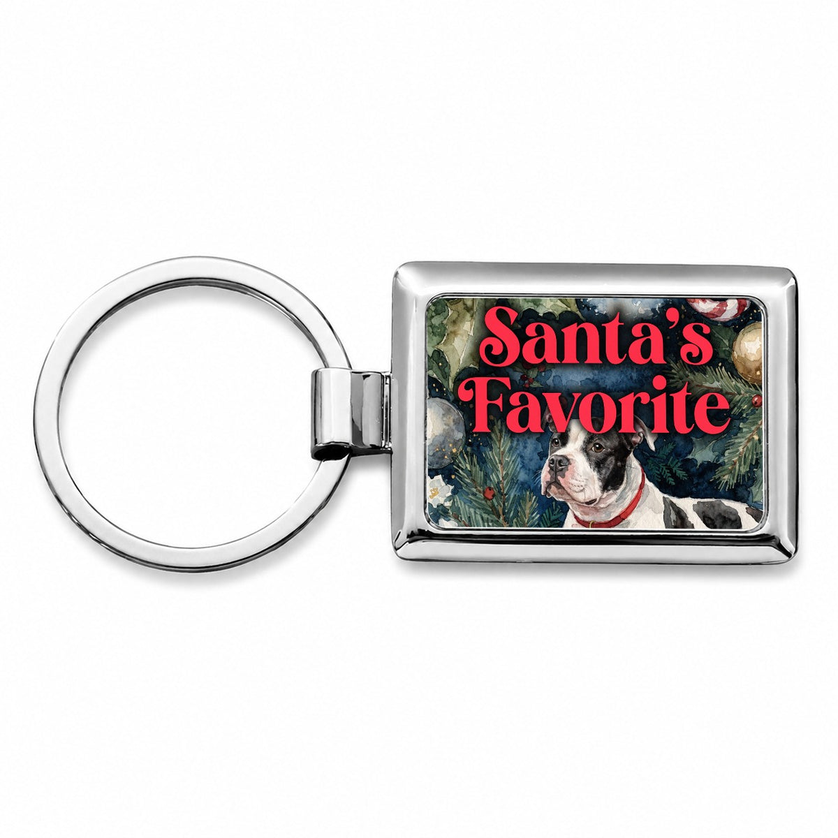 Staffordshire Bull Terrier Dog Christmas Santa's Favorite Rectangle Metal Keychain