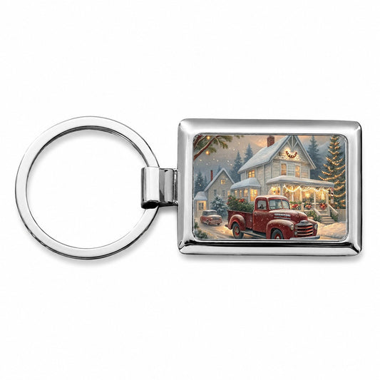 Vintage Americana Christmas Red Truck Rectangle Metal Keychain
