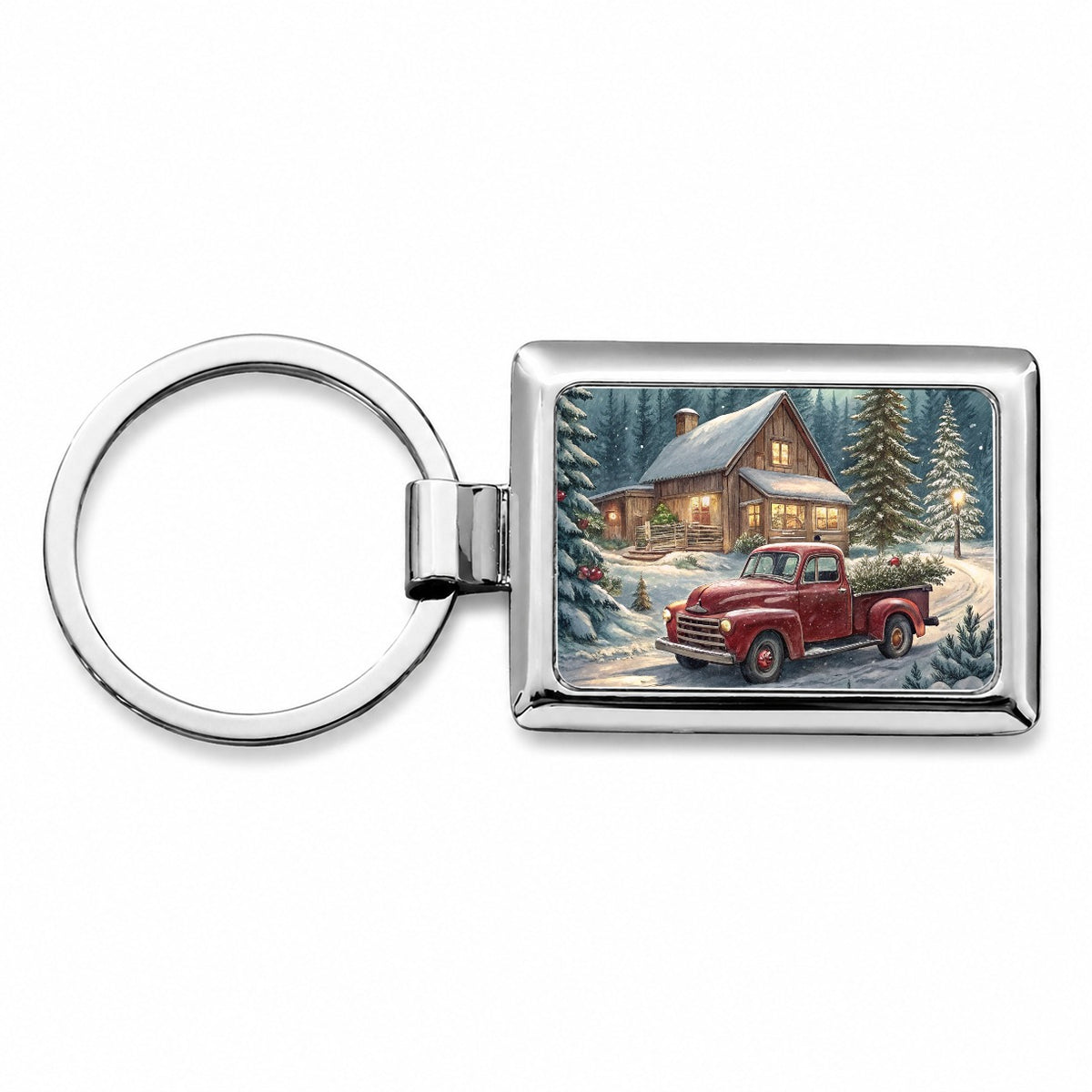 Vintage Americana Christmas Tree In Red Truck Rectangle Metal Keychain