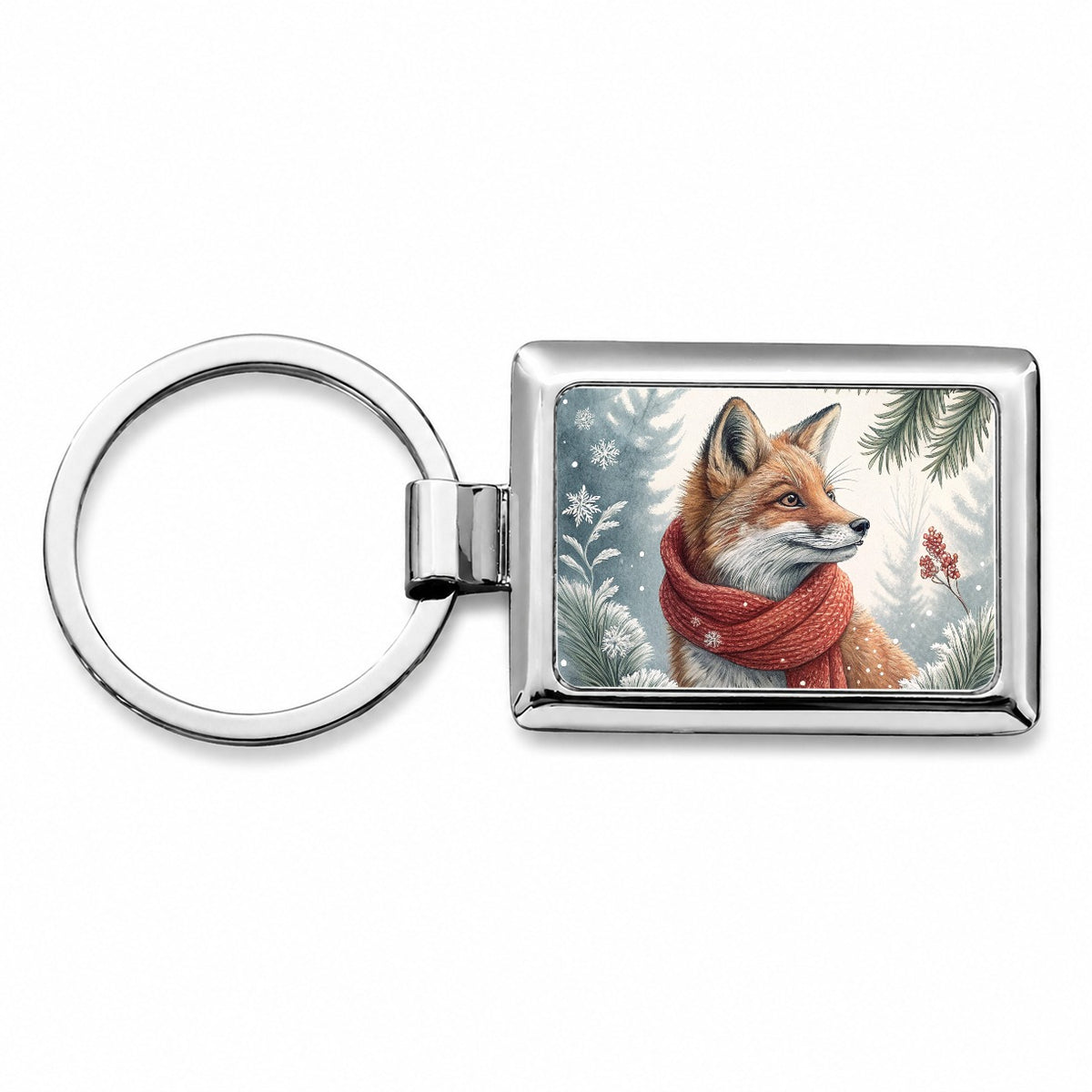 Winter Fox With Scarf Christmas Rectangle Metal Keychain