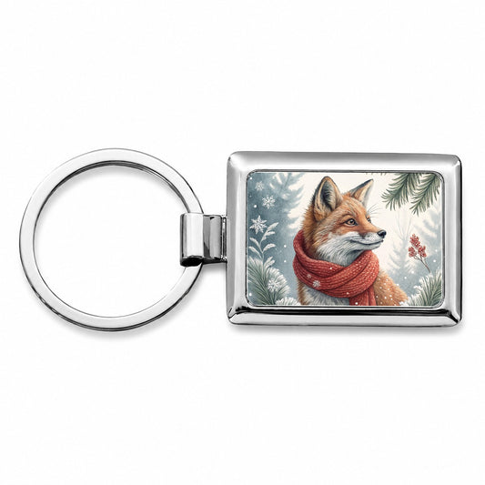 Winter Fox With Scarf Christmas Rectangle Metal Keychain