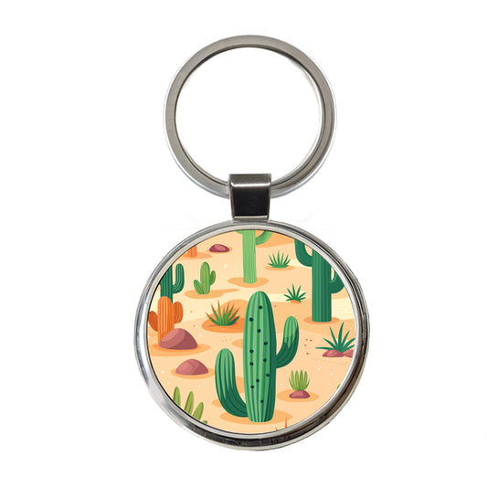 Cactus Cacti Desert Scattered Pattern Round Metal Keychain