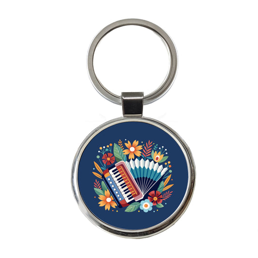 Accordion Music Floral Motif Round Metal Keychain