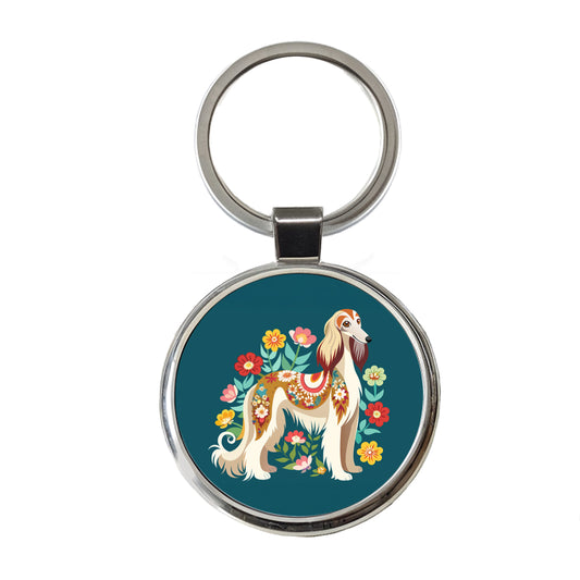 Afghan Hound Dog Floral Flowers Round Metal Keychain