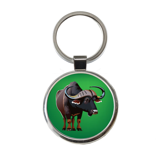 African Buffalo Standing Round Metal Keychain