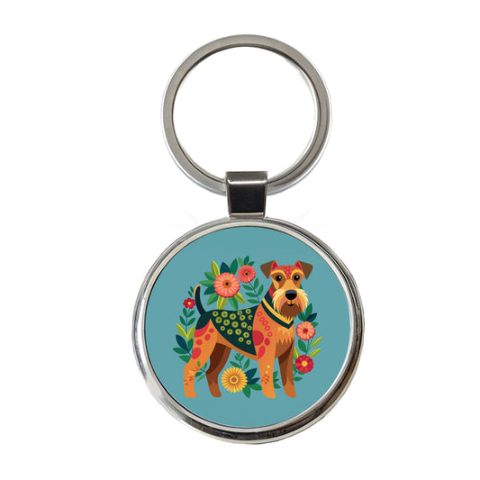 Airedale Terrier Dog Floral Flowers Round Metal Keychain