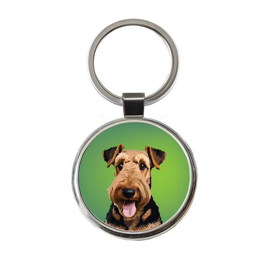 Airedale Terrier Dog Portrait Round Metal Keychain