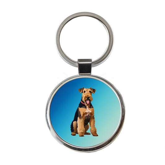 Airedale Terrier Dog Sitting Round Metal Keychain