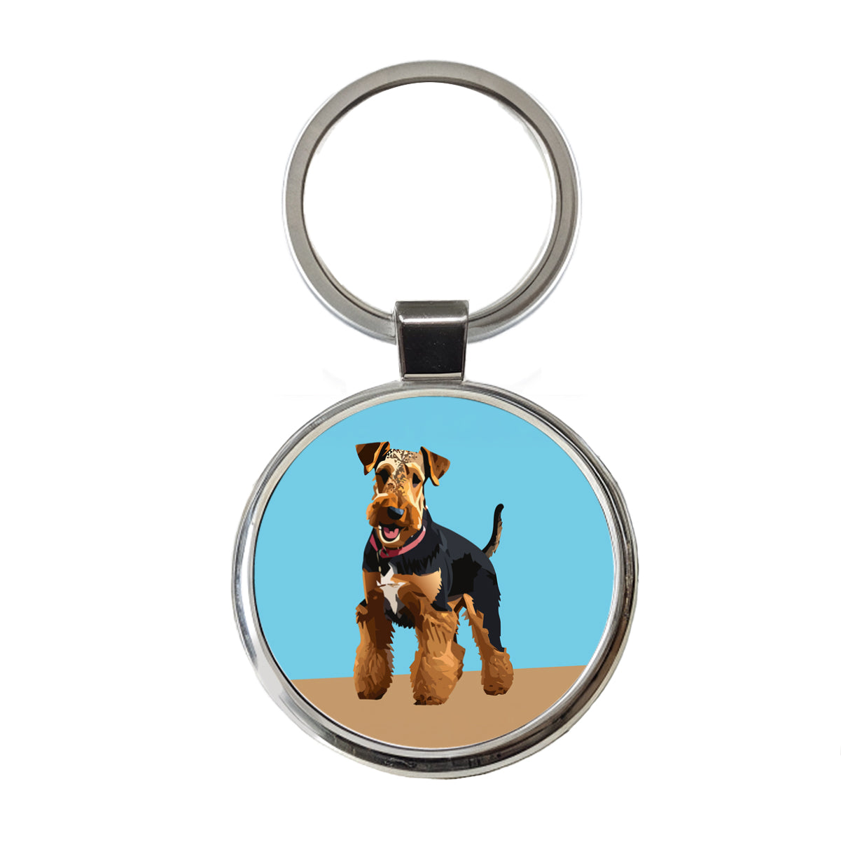 Airedale Terrier Dog Standing Round Metal Keychain