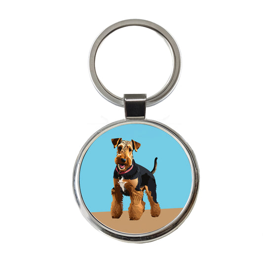 Airedale Terrier Dog Standing Round Metal Keychain