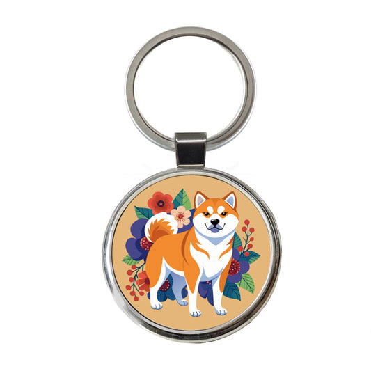 Akita Dog Floral Flowers Round Metal Keychain