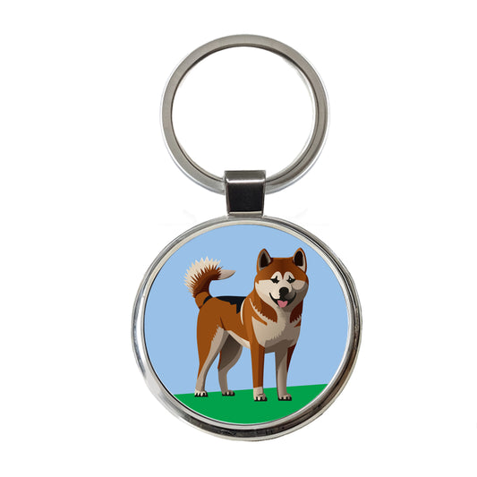Akita Dog Standing Round Metal Keychain