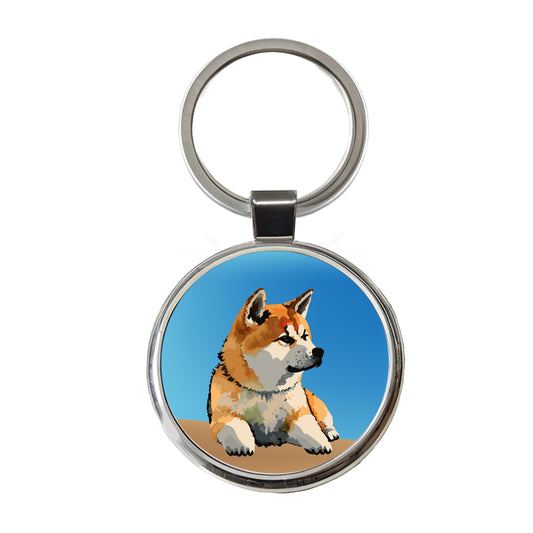 Akita Dog Watercolor Round Metal Keychain