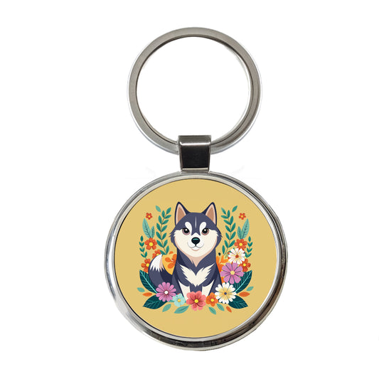 Alaskan Klee Kai Dog Floral Flowers Round Metal Keychain