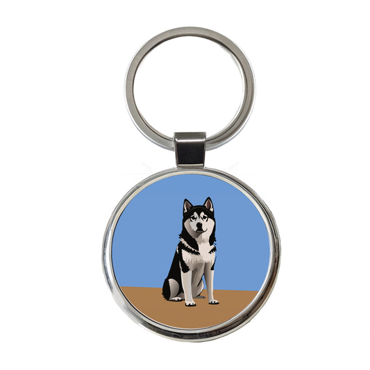Alaskan Klee Kai Dog Sitting Round Metal Keychain