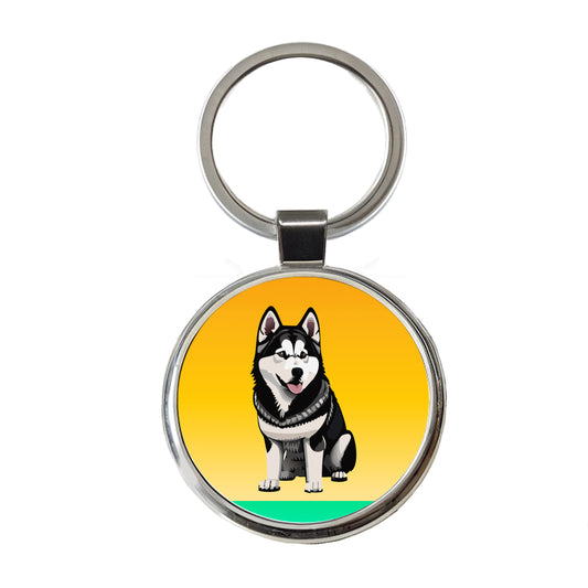 Alaskan Malamute Dog Sitting Round Metal Keychain