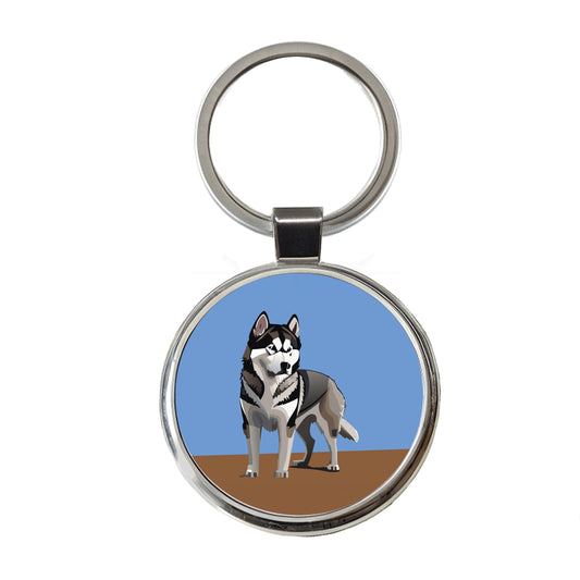 Alaskan Malamute Dog Standing Round Metal Keychain