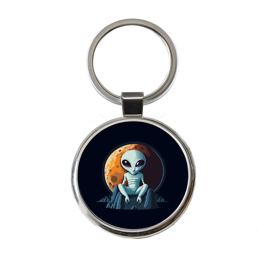 Alien Sitting Moon Planet Space Round Metal Keychain