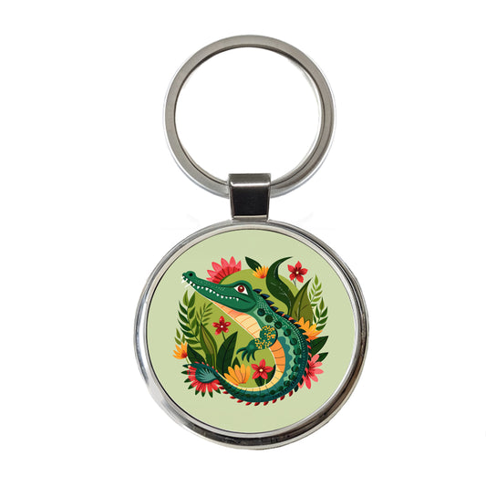 Alligator Floral Flowers Round Metal Keychain
