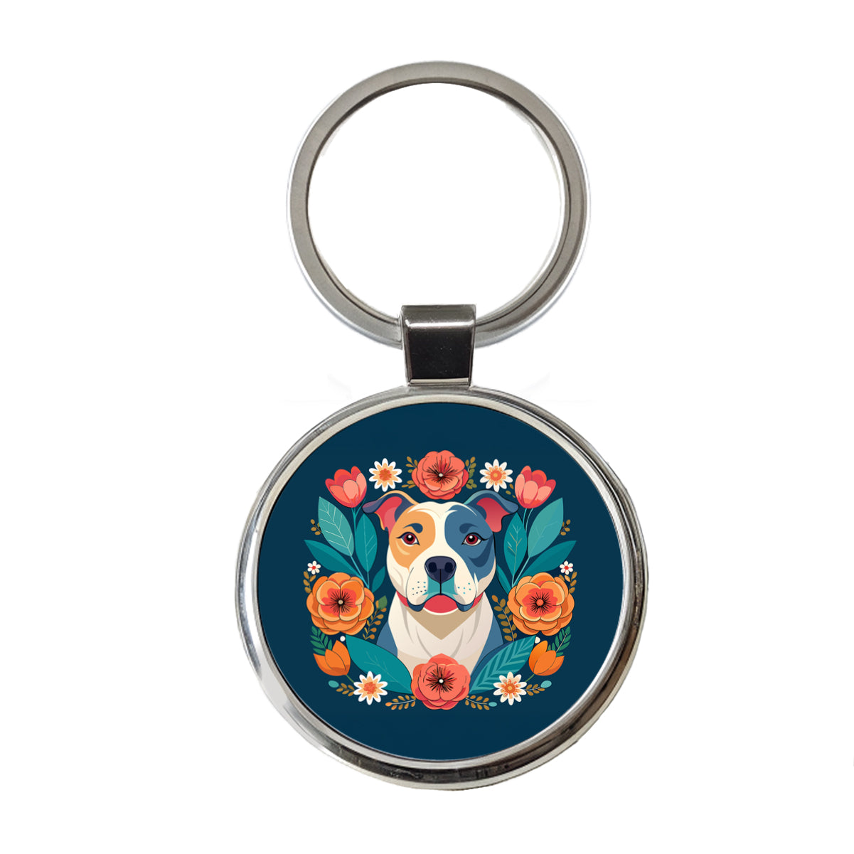 American Bulldog Dog Floral Flowers Round Metal Keychain