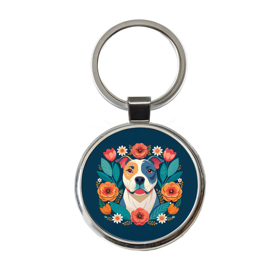 American Bulldog Dog Floral Flowers Round Metal Keychain