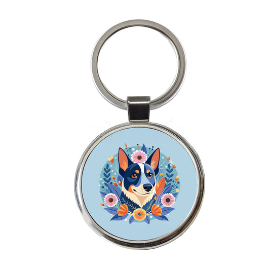 American Cattle Dog Floral Flowers Round Metal Keychain