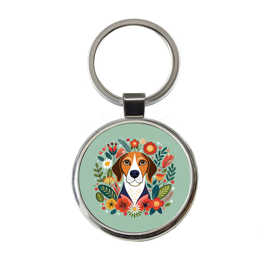 American English Coonhound Dog Floral Flowers Round Metal Keychain