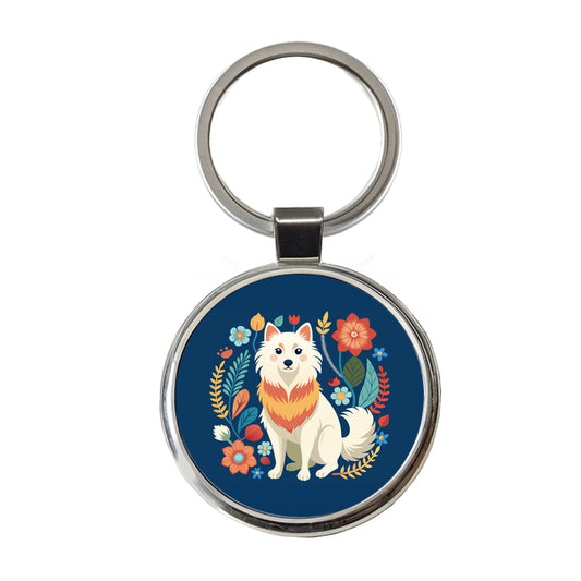 American Eskimo Dog Floral Flowers Round Metal Keychain