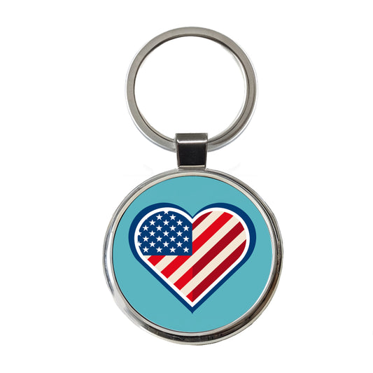 American Flag in Heart Patriotic USA United States Round Metal Keychain