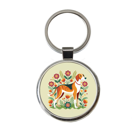 American Foxhound Dog Floral Flowers Round Metal Keychain