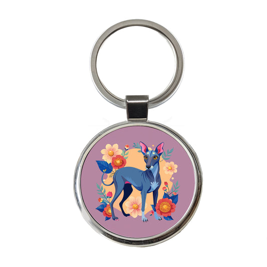 American Hairless Terrier Dog Floral Flowers Round Metal Keychain