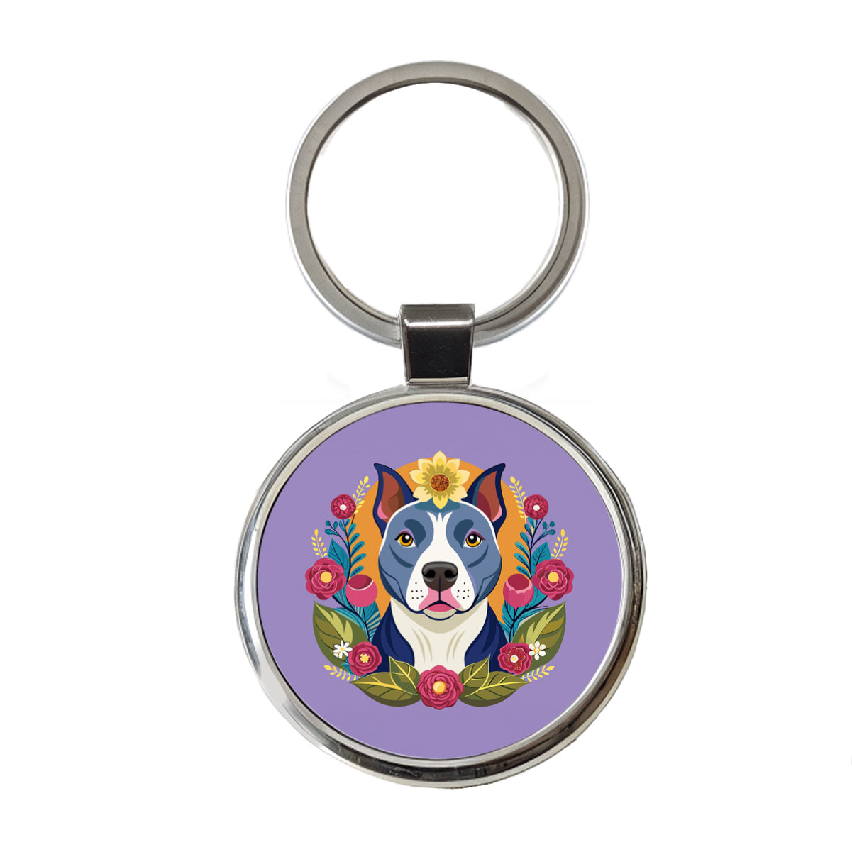 American Pit Bull Terrier Dog Floral Flowers Round Metal Keychain