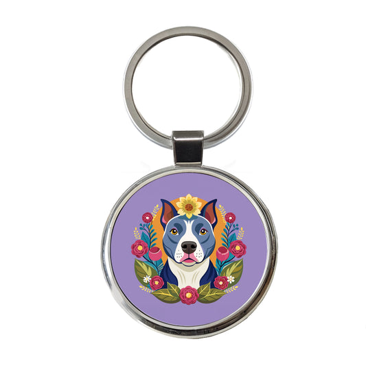 American Pit Bull Terrier Dog Floral Flowers Round Metal Keychain