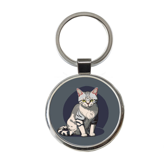 American Shorthair Cat Sitting Round Metal Keychain