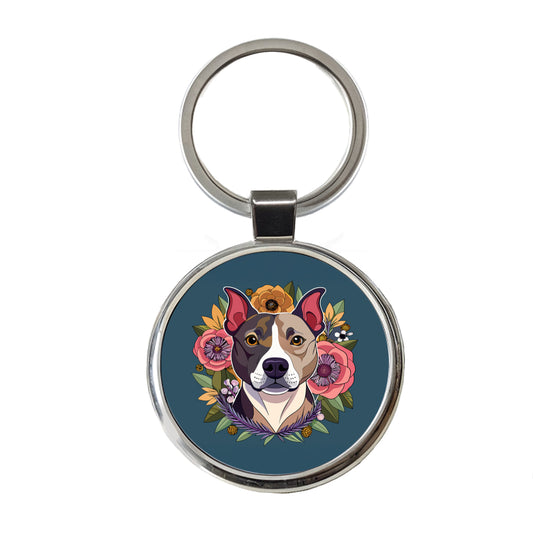 American Staffordshire Terrier Dog Floral Flowers Round Metal Keychain
