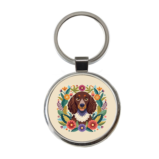 American Water Spaniel Dog Floral Flowers Round Metal Keychain