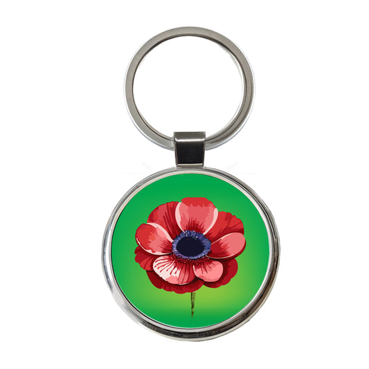 Anemone Flower Watercolor Red Round Metal Keychain