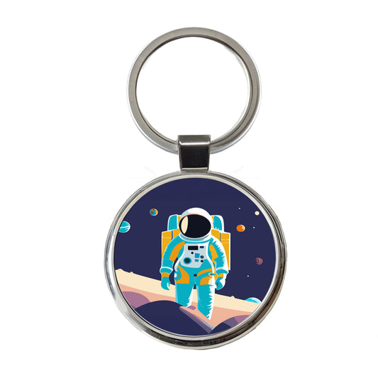 Astronaut in Outer Space Planets Science Fiction Round Metal Keychain
