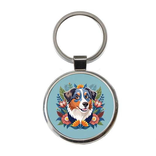 Australian Shepherd Dog Floral Flowers Round Metal Keychain