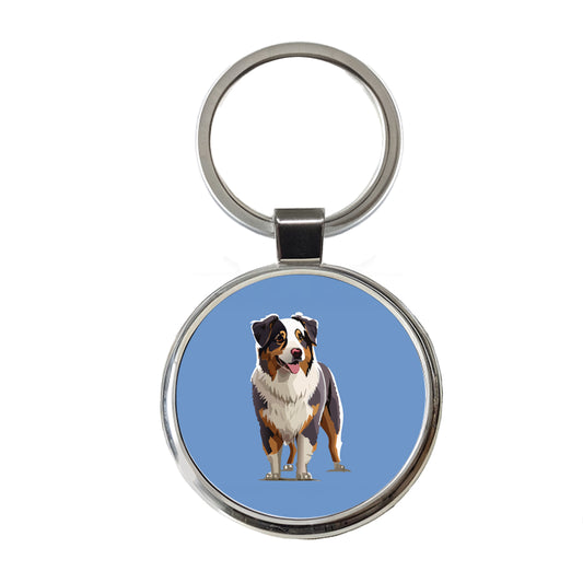 Australian Shepherd Dog Standing Round Metal Keychain
