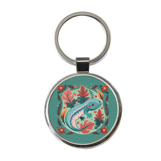 Axolotl Floral Motif Round Metal Keychain
