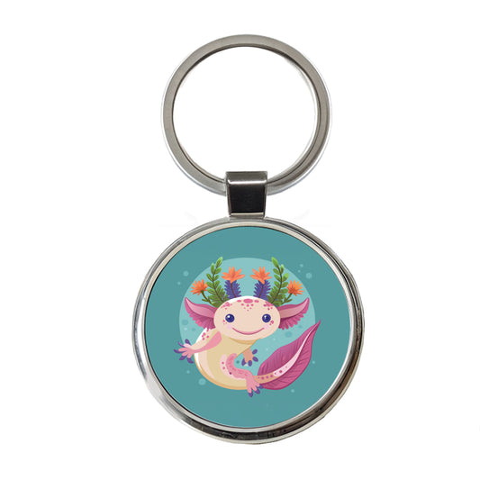 Axolotl Head Floral Flowers Round Metal Keychain