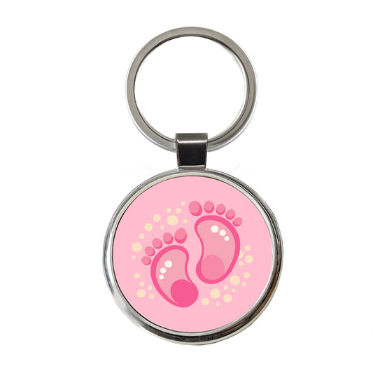 Baby Footprints Pink Round Metal Keychain