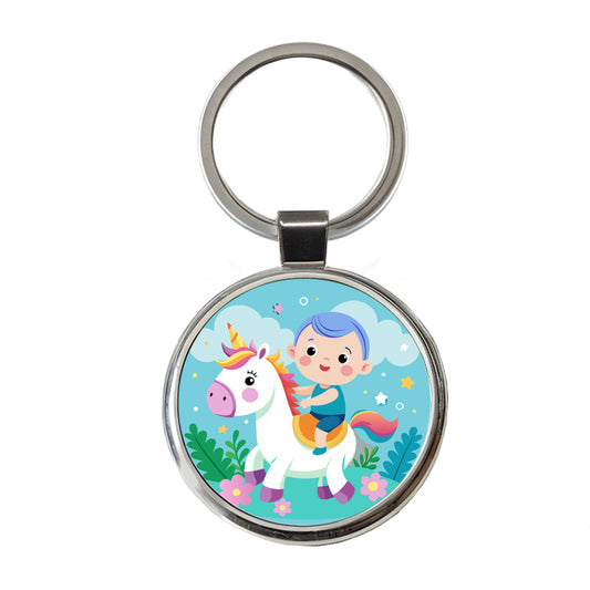 Baby Riding Unicorn Cute Funny Round Metal Keychain
